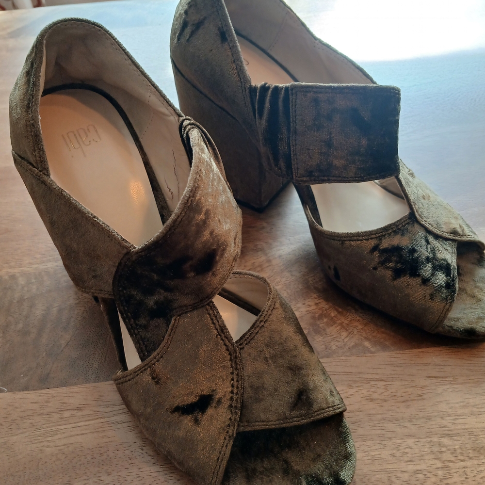 CAbi Velvet Peep-Toe Wedges in Olive